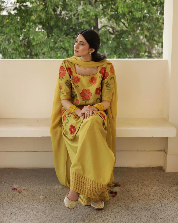 OLIVE YELLOW | 3PC Stitched Embroidered Outfit