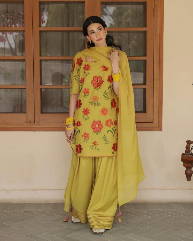 OLIVE YELLOW | 3PC Stitched Embroidered Outfit